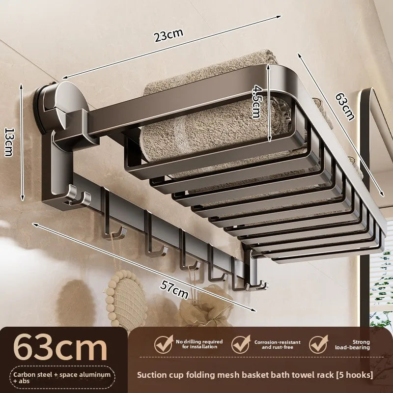 Suction Cup, Net Basket, Bath Towel Rack, No Punching, Bathroom Rack, Toilet, Clothes Storage Artifact Folding Towel Rack