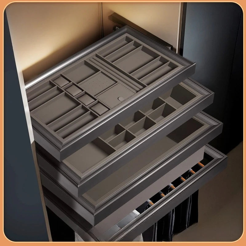 Multifunctional Telescopic Pants Rack Wardrobe Built-in Leather Jewelry Box Cloakroom Pull-up Pants Rack Pull Basket Storage Box