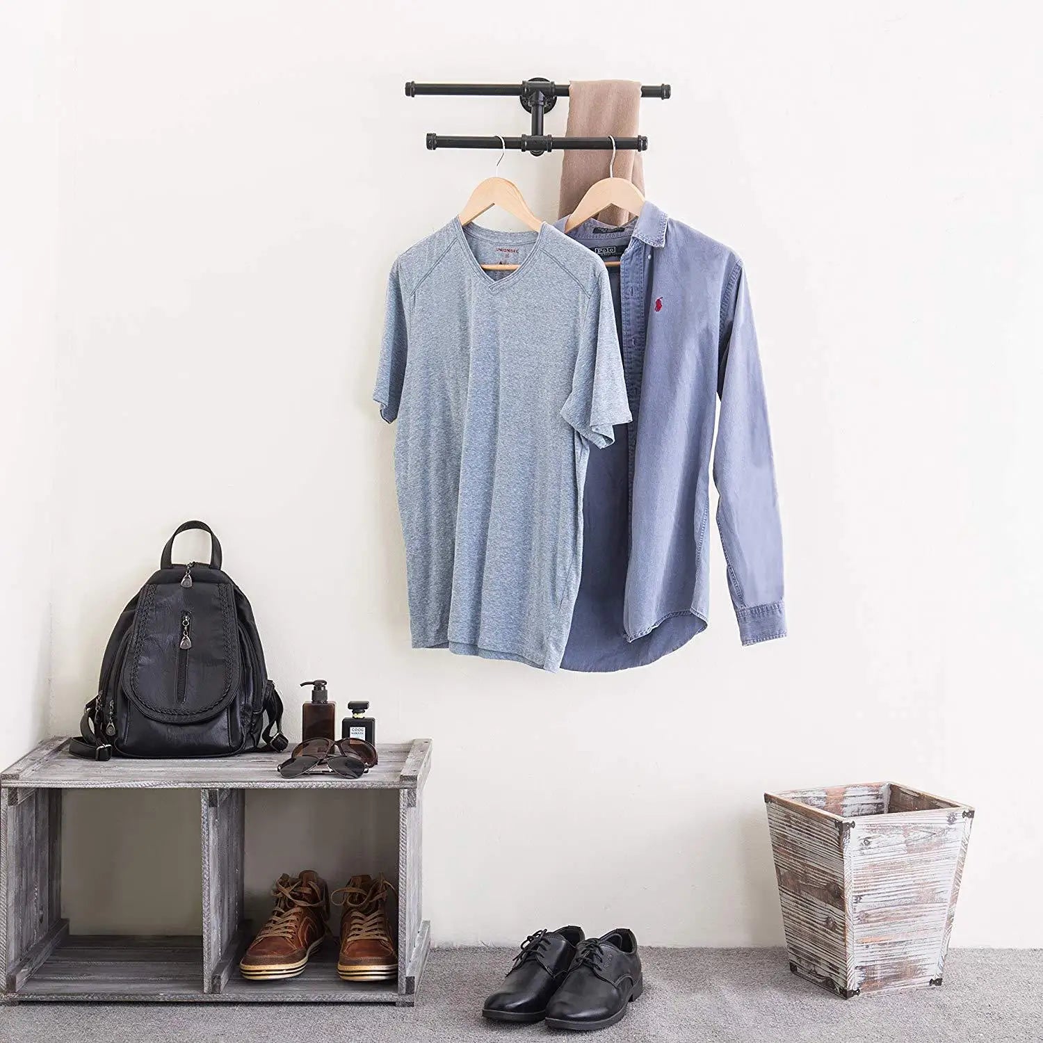 Industrial Air Duct Black Metal Pipe Wall-mounted Double-layer Hanger Hanging Clothing Rack Wall Water Pipe Coat Rack