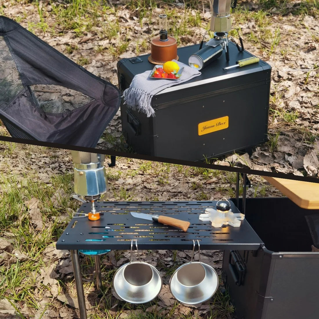 Outdoor Mobile Kitchen Car Camping Box Picnic Storage with Folding Tea Table