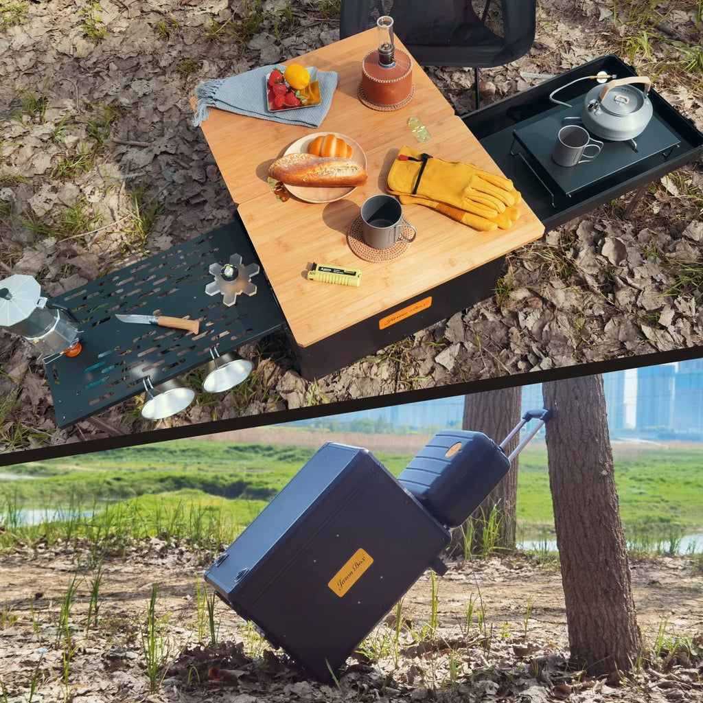 Outdoor Mobile Kitchen Car Camping Box Picnic Storage with Folding Tea Table