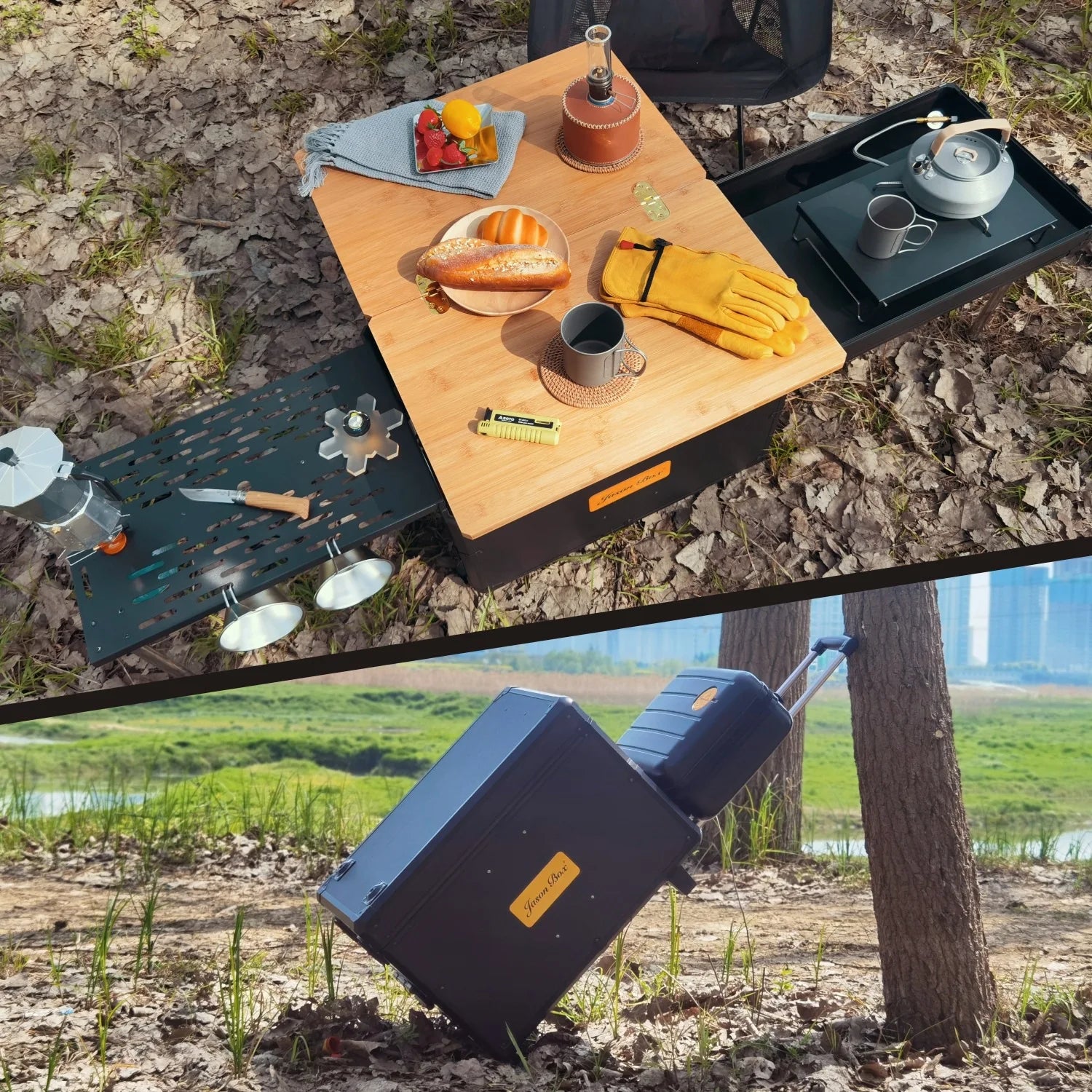 Outdoor Mobile Kitchen Car Camping Box Picnic Storage with Folding Tea Table