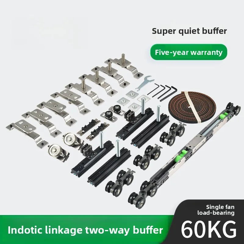 Sliding wooden door 2 + 2 anti-directional folio double linkage buffer track pulley linkage door hanging wheel accessories