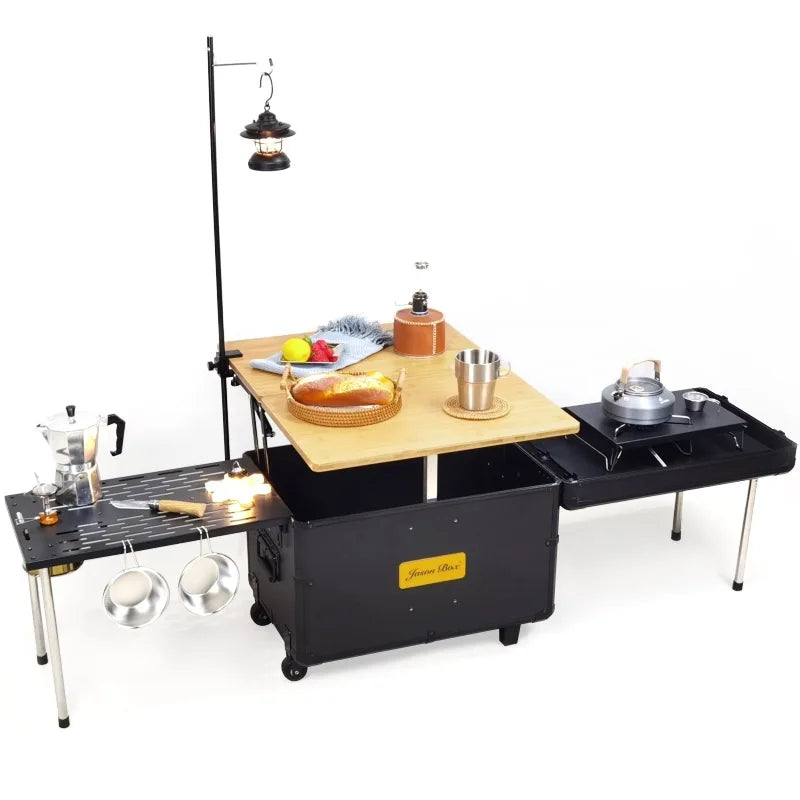 Outdoor Mobile Kitchen Car Camping Box Picnic Storage with Folding Tea Table