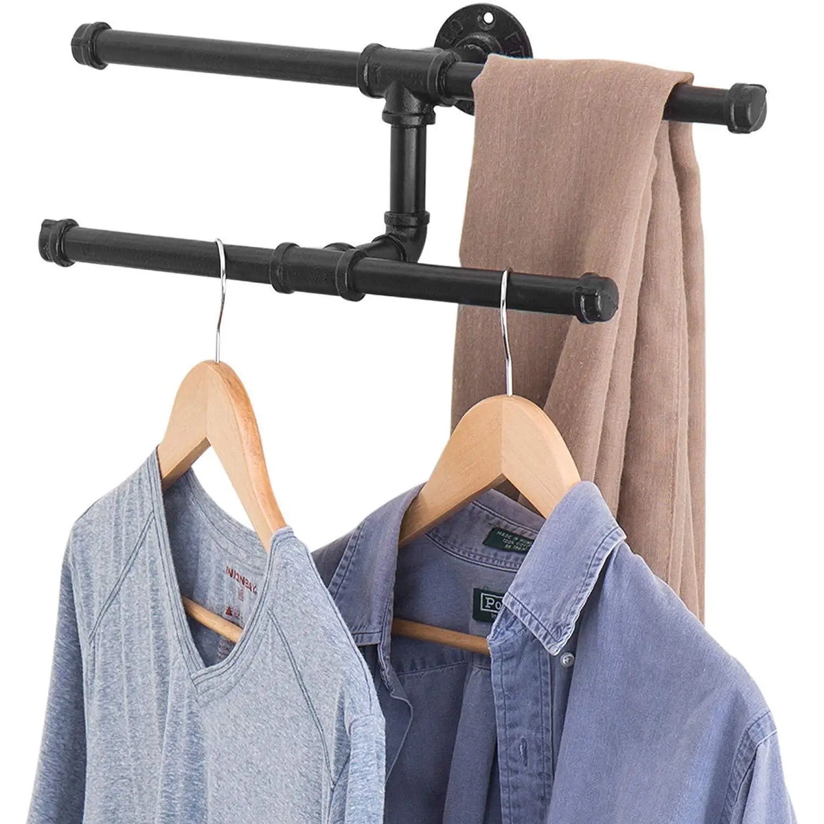 Industrial Air Duct Black Metal Pipe Wall-mounted Double-layer Hanger Hanging Clothing Rack Wall Water Pipe Coat Rack