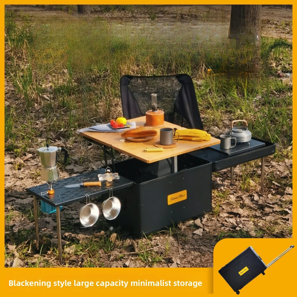 Outdoor Mobile Kitchen Car Camping Box Picnic Storage with Folding Tea Table