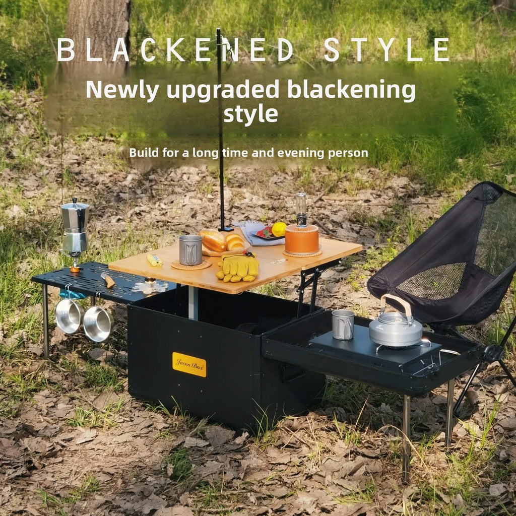 Outdoor Mobile Kitchen Car Camping Box Picnic Storage with Folding Tea Table