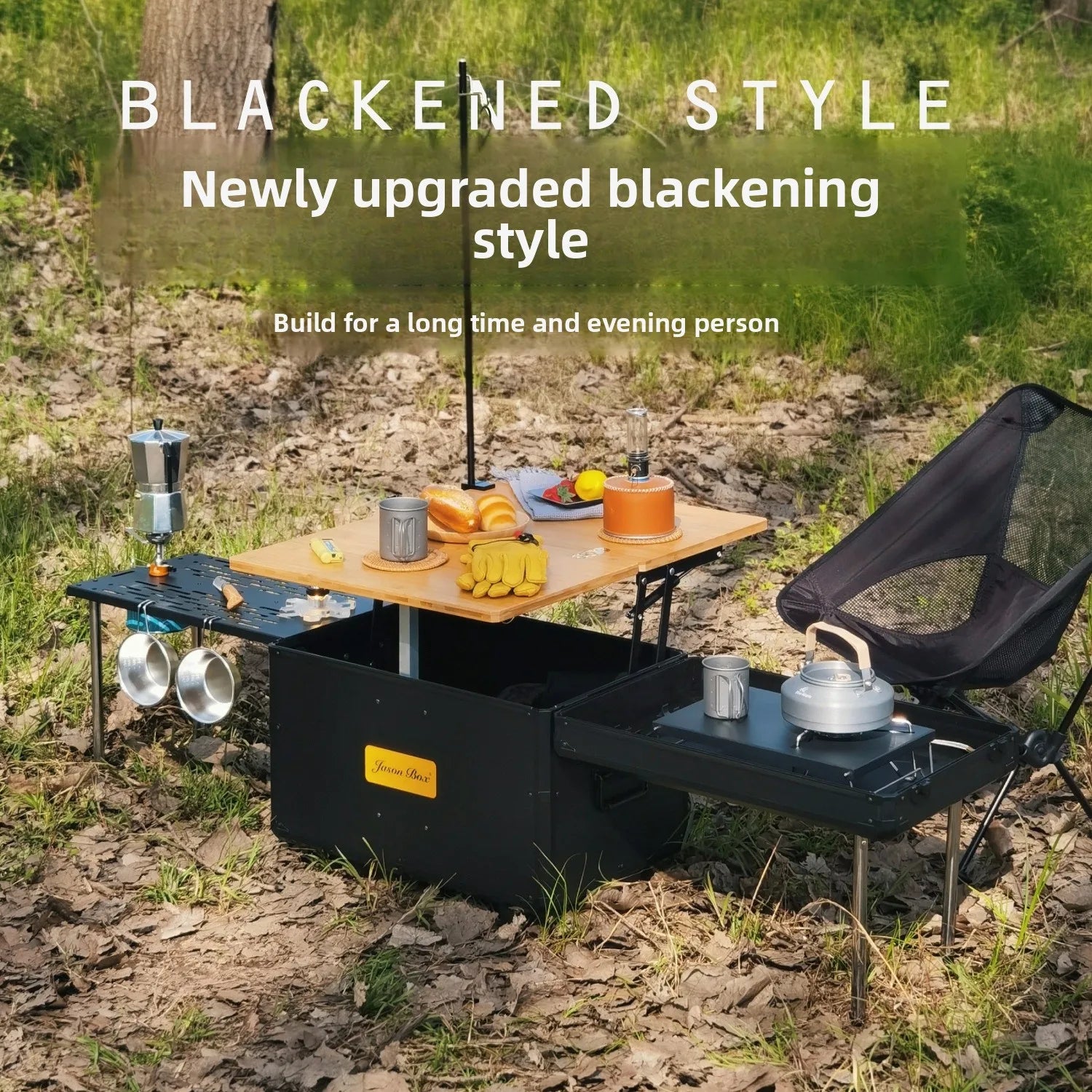 Outdoor Mobile Kitchen Car Camping Box Picnic Storage with Folding Tea Table