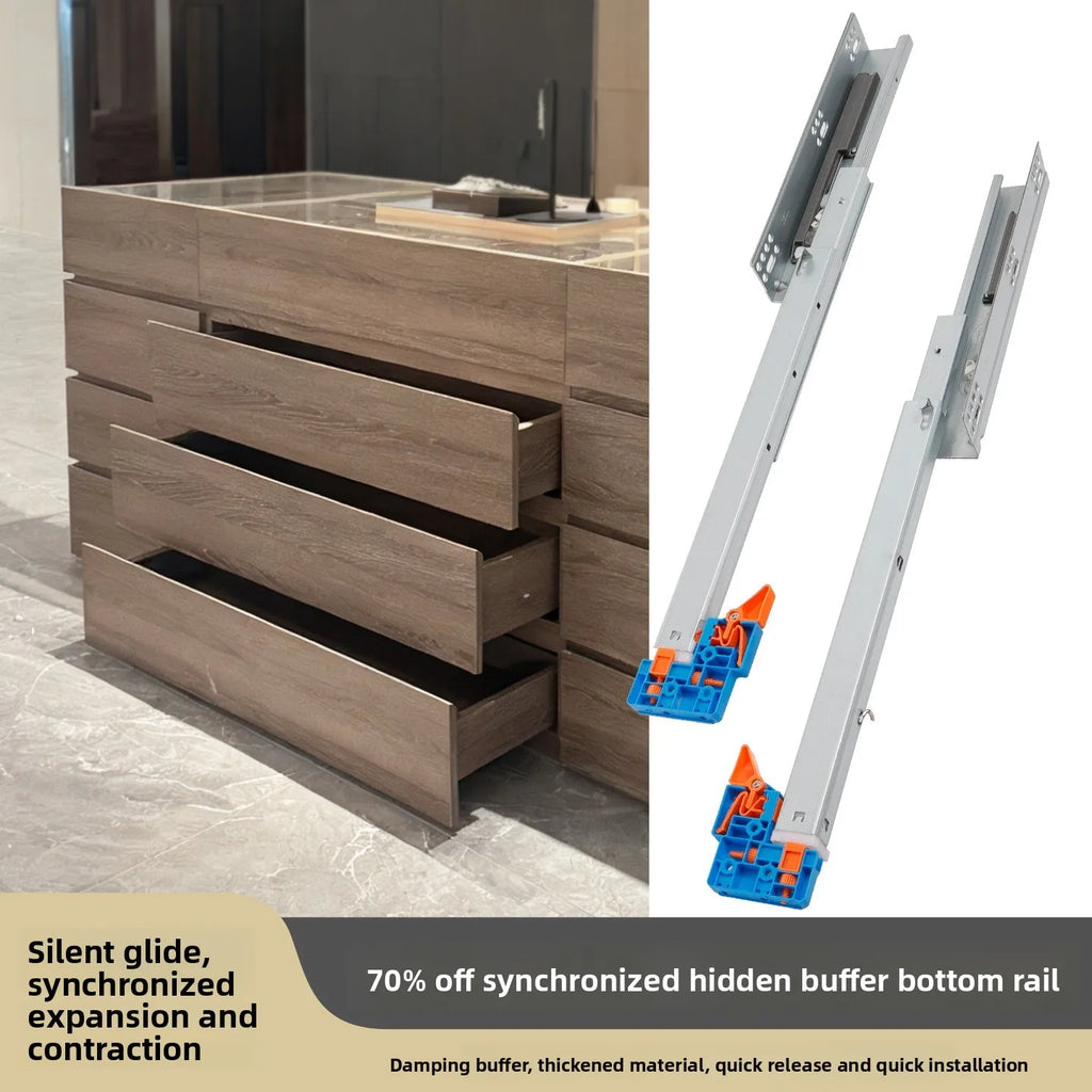 Drawer Three-section Synchronous Linkage Slide Rail Support Full Pull Slide Rail Damping Buffer Drawer Hidden Guide Rail