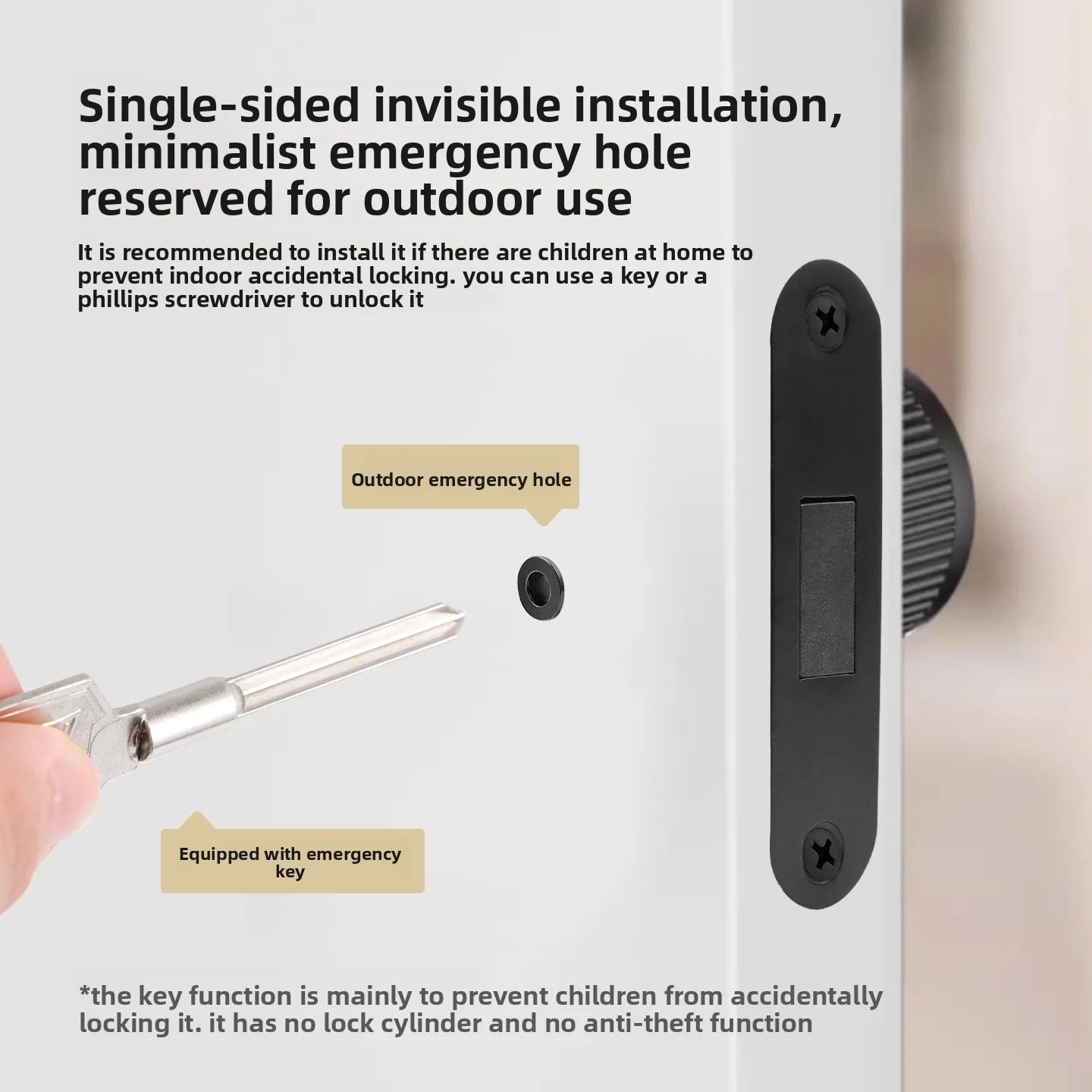 Minimalist Invisible Door Lock, Indoor Wooden Door Hidden Invisible Handle with Emergency Hole Single-sided Lock